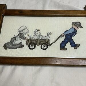 Vintage‎ Framed Cross Stitch Farm Scene Boy Pulling Goose Cart Rustic Wall Art